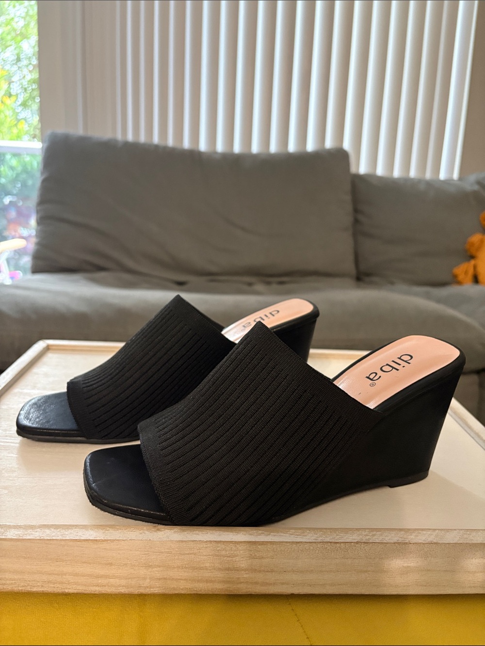 Diba Black Knit Open-Toe Wedge Mules